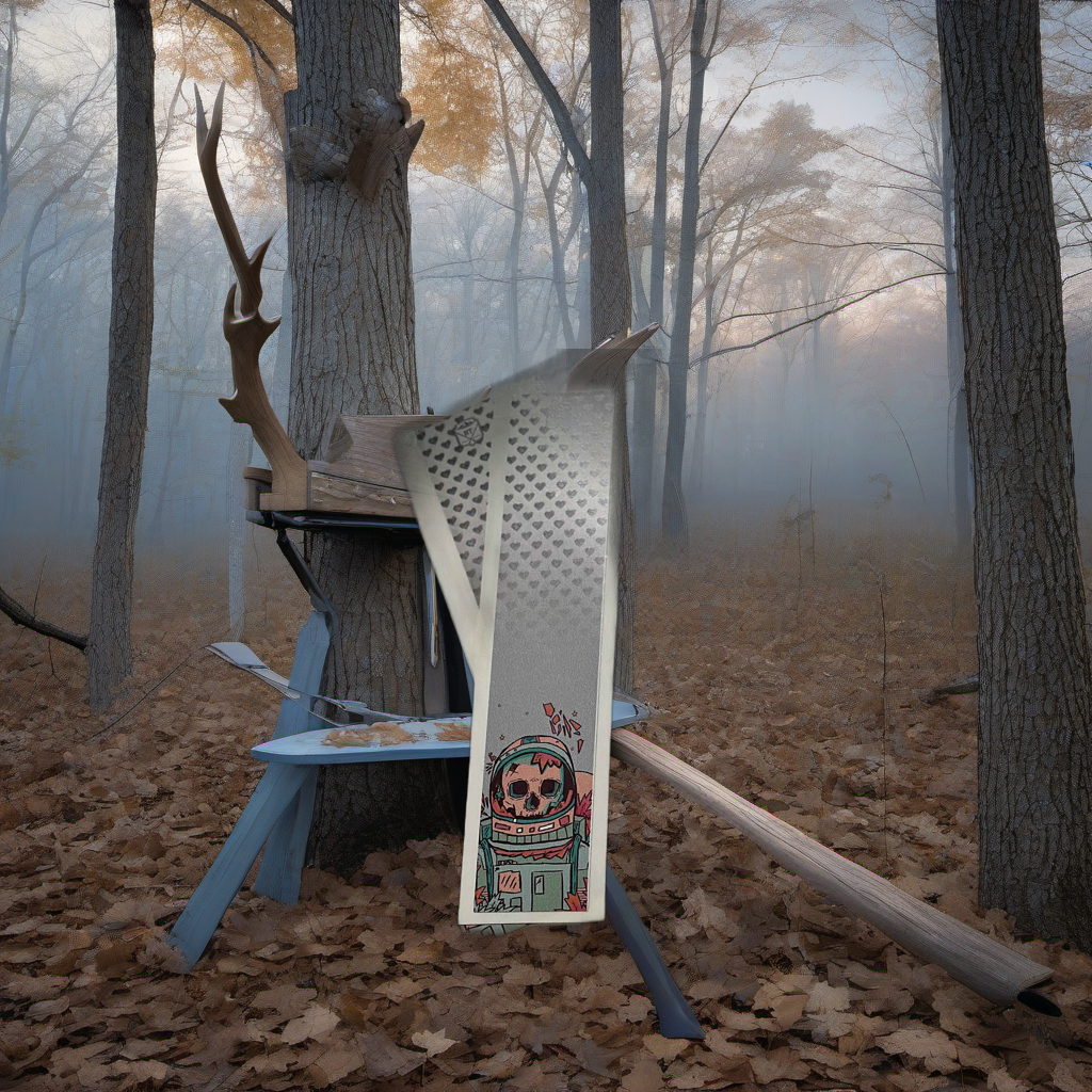 Dead Space Arrow Wraps on a worn treestand overlooking a misty hardwood timber ridge at dawn. | titlex-scene-whitetail-treestand