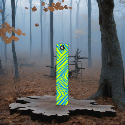 Comic Pop Arrow Wrap on a wooden treestand overlooking a misty, dawn-lit hardwood forest. | titlex-scene-whitetail-treestand
