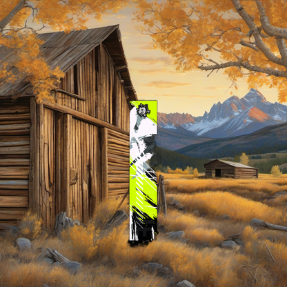Comic Pop Arrow Wrap on weathered wood, set against golden aspens and distant mountains at sunset. | titlex-scene-western-elk