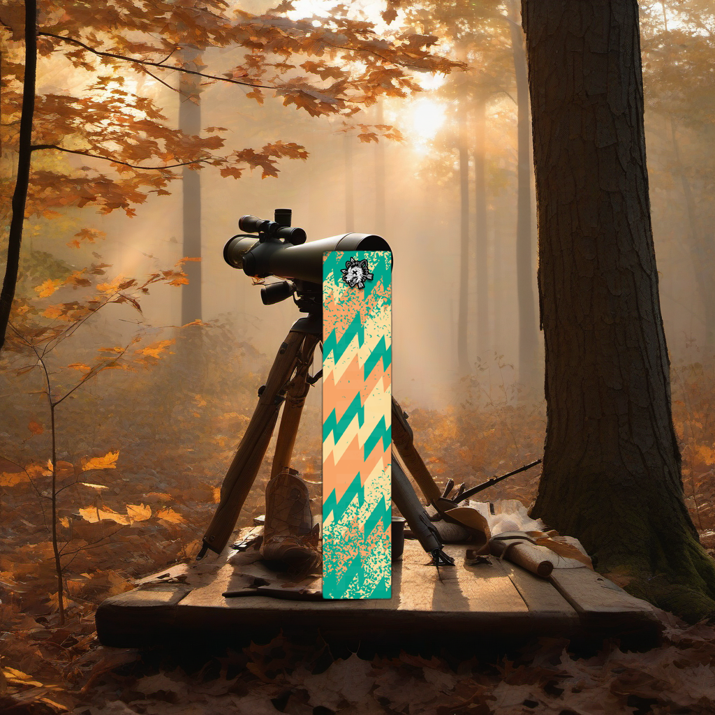 Comic Pop Arrow Wrap on a weathered treestand overlooking a misty Midwest dawn forest. | titlex-scene-whitetail-treestand