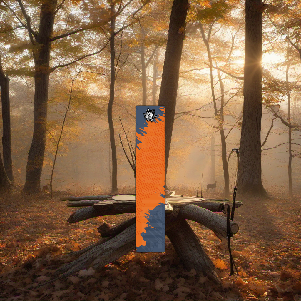 Comic Pop Arrow Wrap on a wooden treestand overlooking a misty Midwest dawn forest. | titlex-scene-whitetail-treestand