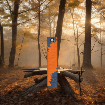 Comic Pop Arrow Wrap on a wooden treestand overlooking a misty Midwest dawn forest. | titlex-scene-whitetail-treestand
