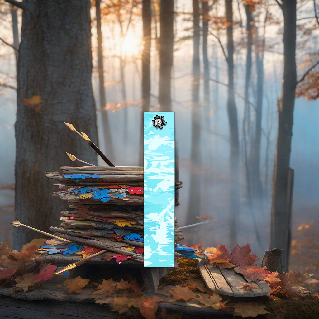 Comic Pop Arrow Wrap on a worn treestand overlooking a misty, hardwood hunting ridge at dawn. | titlex-scene-whitetail-treestand