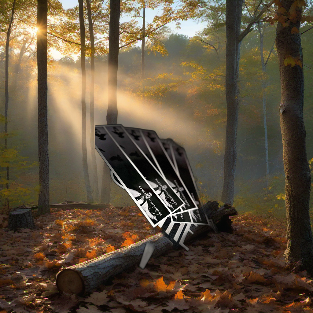 W.A.W.O Arrow Wraps on a wooden treestand overlooking a misty Midwest dawn forest. | titlex-scene-whitetail-treestand