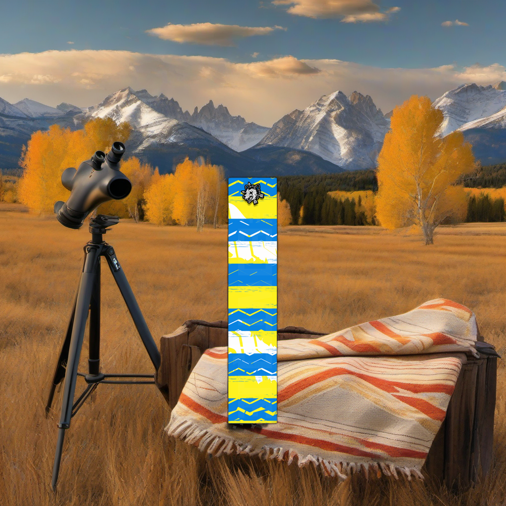 Comic Pop Arrow Wrap on weathered wood in a golden aspen, high-country sunset hunting scene. | titlex-scene-western-elk