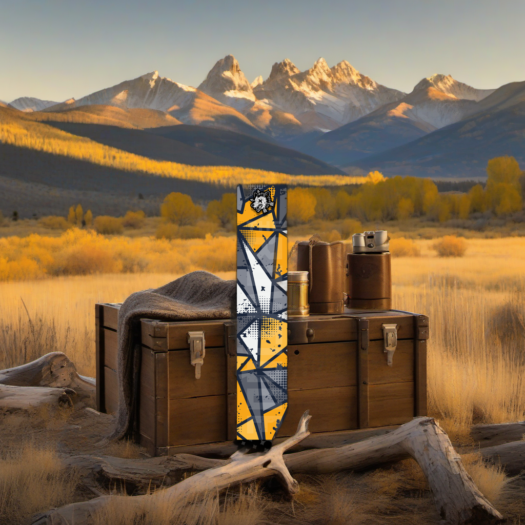 Comic Pop Arrow Wrap on weathered wood, set against golden aspens and distant mountains at sunset. | titlex-scene-western-elk