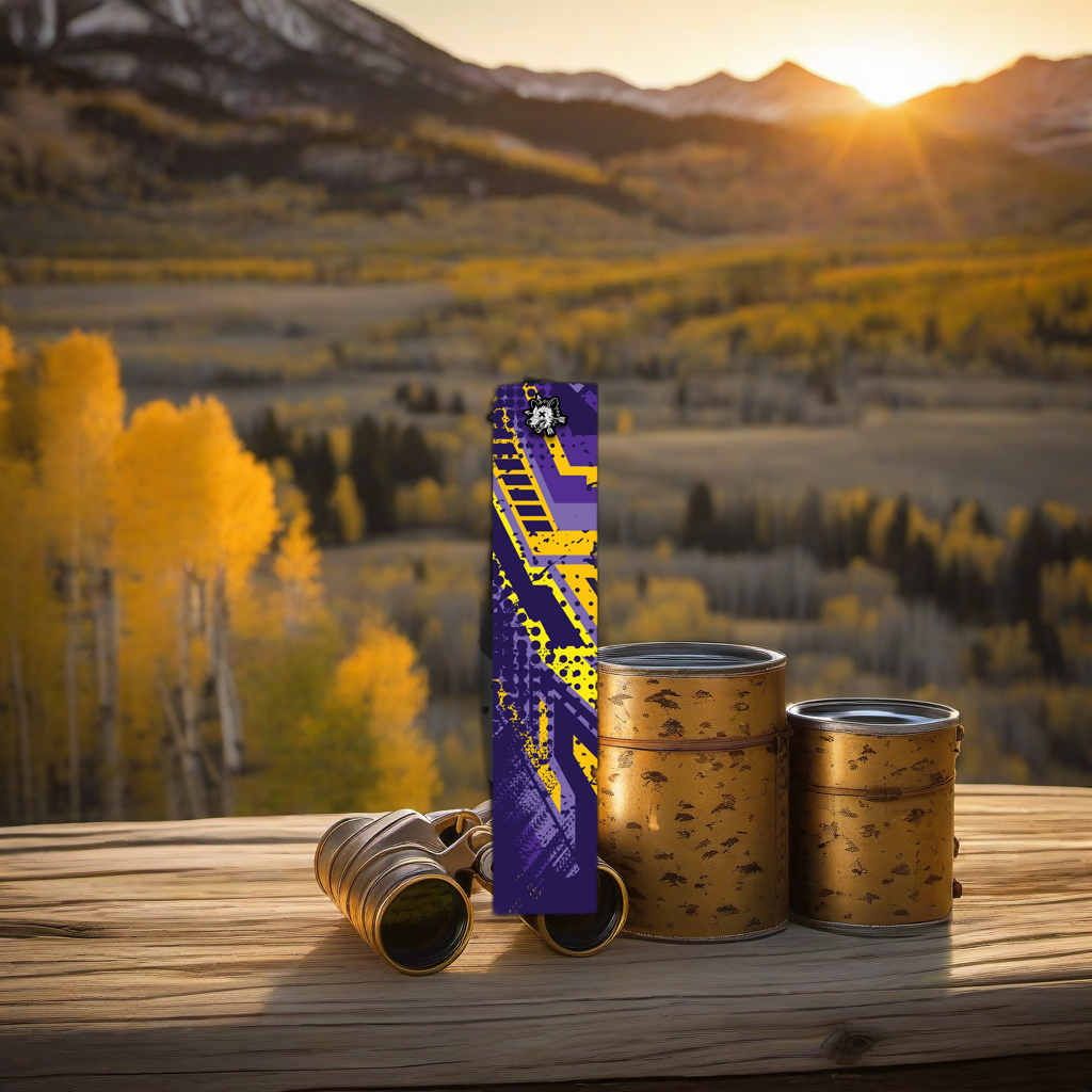 Comic Pop Arrow Wrap on weathered wood in a golden aspen sunset, evoking a high-country elk hunting feel. | titlex-scene-western-elk