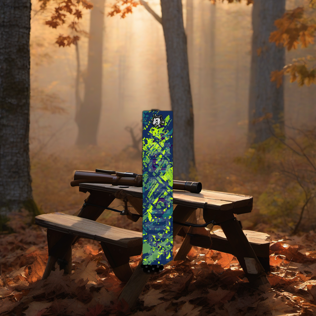 Comic Pop Arrow Wrap on a wooden treestand overlooking a misty Midwest hardwood forest at dawn. | titlex-scene-whitetail-treestand