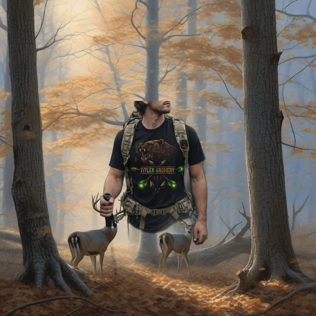 Green Grizzly Trad product on a wooden treestand overlooking a misty, dawn-lit hardwood forest ridge. | titlex-scene-whitetail-treestand
