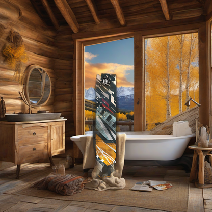 Comic Pop Arrow Wrap on weathered wood, set against a golden aspen and mountain backdrop at sunset. | titlex-scene-western-elk