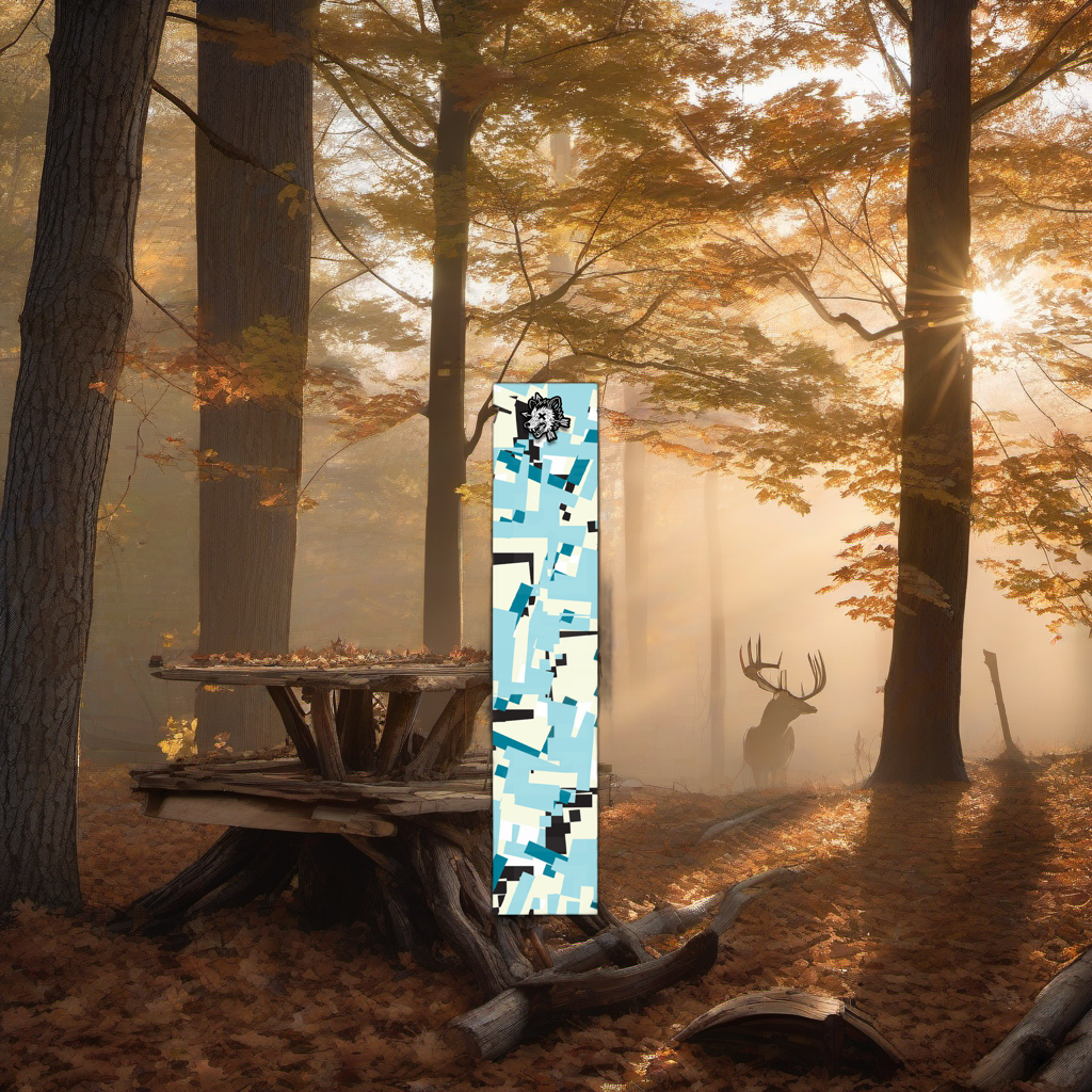 Comic Pop Arrow Wrap on a wooden treestand overlooking a misty, dawn hardwood timber ridge. | titlex-scene-whitetail-treestand