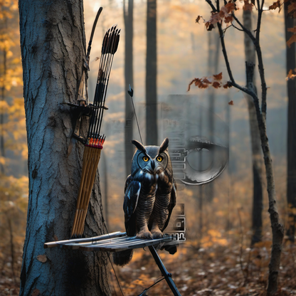 Dark Owl x Bowtique arrow wraps on a wooden treestand overlooking a misty hardwood forest dawn. | titlex-scene-whitetail-treestand