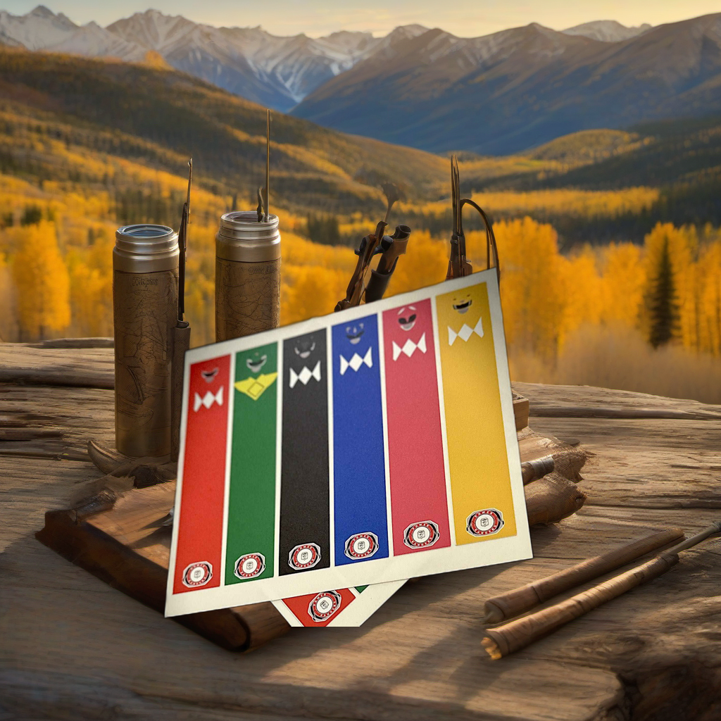 Energy Soldiers arrow wraps on weathered wood, set against a golden aspen and mountain backdrop at sunset. | titlex-scene-western-elk