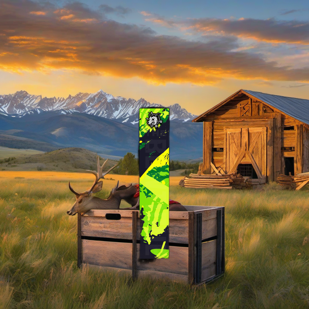 Comic Pop Arrow Wrap on weathered wood in a golden aspen high-country setting at sunset. | titlex-scene-western-elk