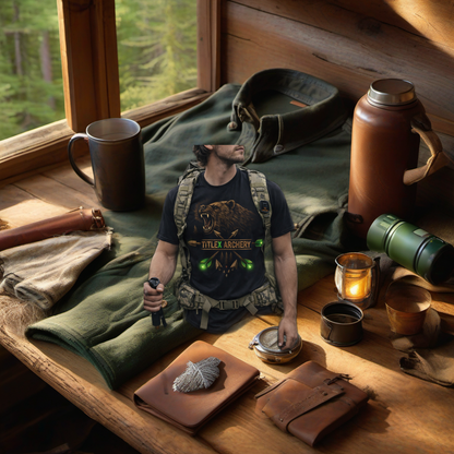 Green Grizzly Trad camo shirt on a rustic table, perfect Father's Day gift in a warm camp scene. | titlex-scene-fathers-day