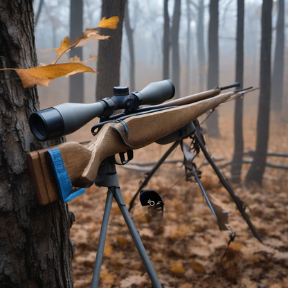 LUCID Arrow Wraps on a wooden treestand overlooking a misty Midwest dawn forest. | titlex-scene-whitetail-treestand