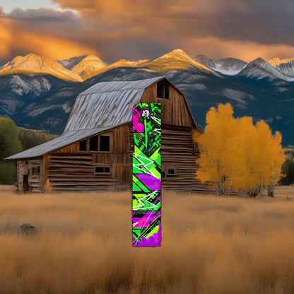 Comic Pop Arrow Wrap on weathered wood in a golden aspen sunset, evoking a Western elk hunting feel. | titlex-scene-western-elk