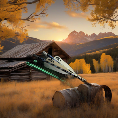 Glow-in-the-dark arrow wraps on weathered wood, set against golden aspen and mountain backdrop at sunset. | titlex-scene-western-elk