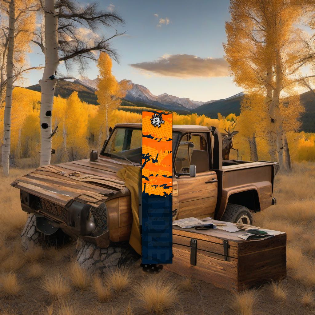 Comic Pop Arrow Wrap on weathered wood, set against golden aspens and distant mountains at sunset. | titlex-scene-western-elk