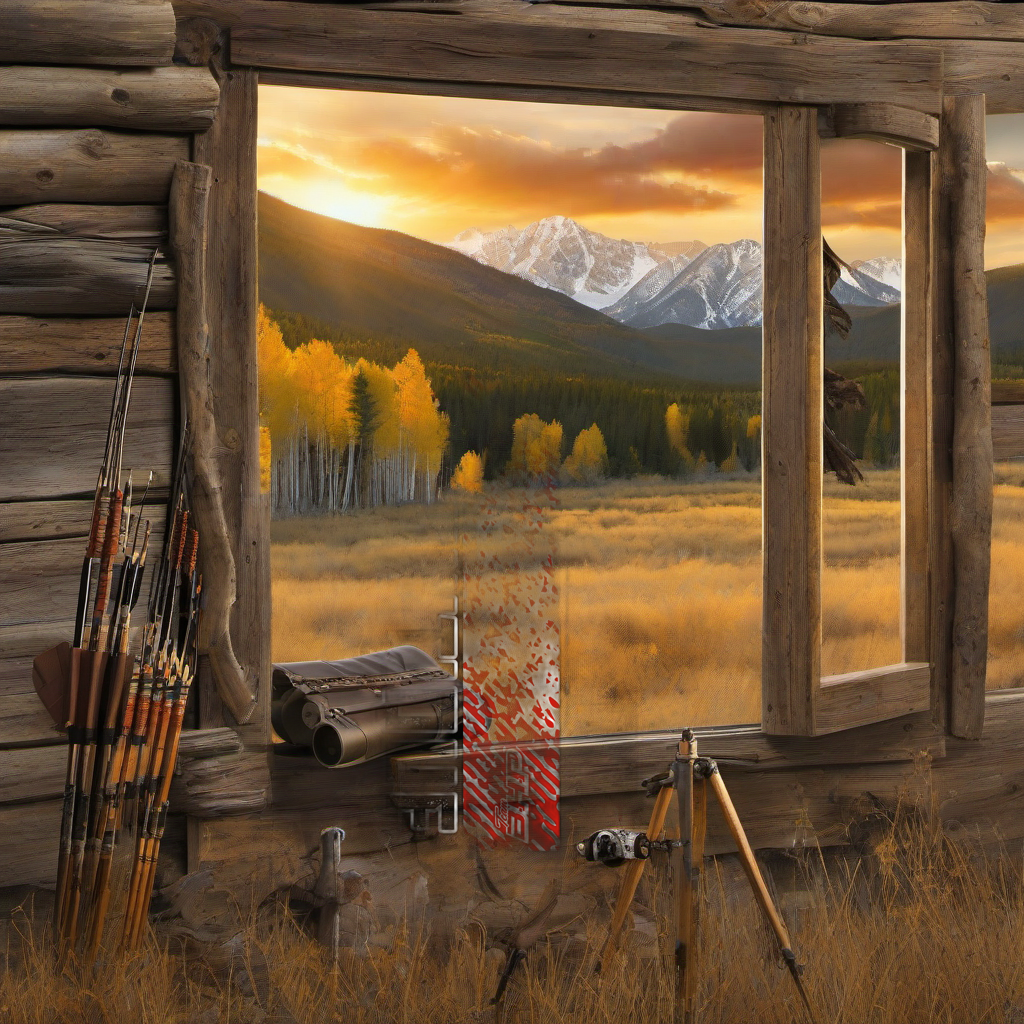 Bowhunter arrow wraps on weathered wood, set against golden aspens and distant mountains at sunset. | titlex-scene-western-elk