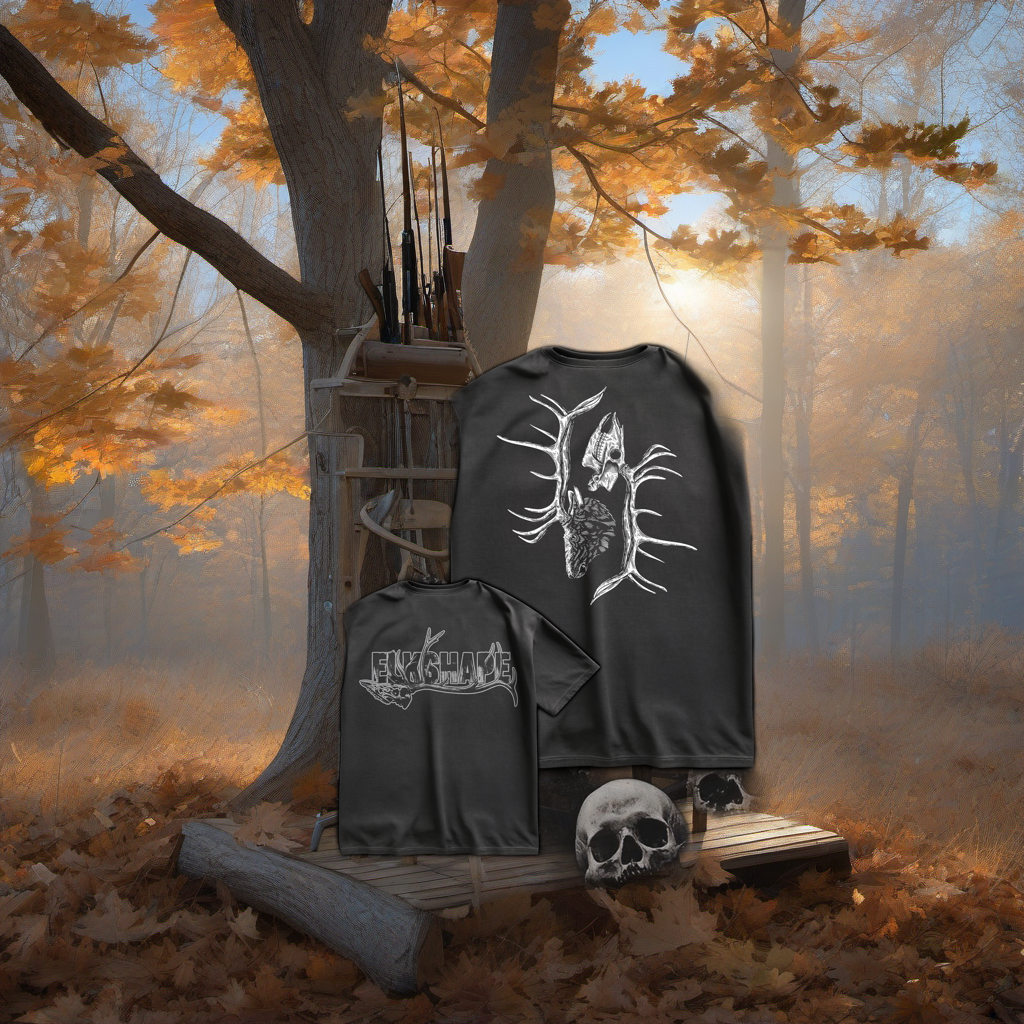 ElkShape short sleeve on worn wood treestand overlooking misty hardwood timber at dawn. | titlex-scene-whitetail-treestand
