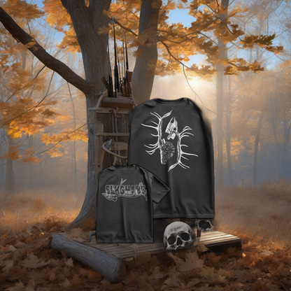 ElkShape short sleeve on worn wood treestand overlooking misty hardwood timber at dawn. | titlex-scene-whitetail-treestand