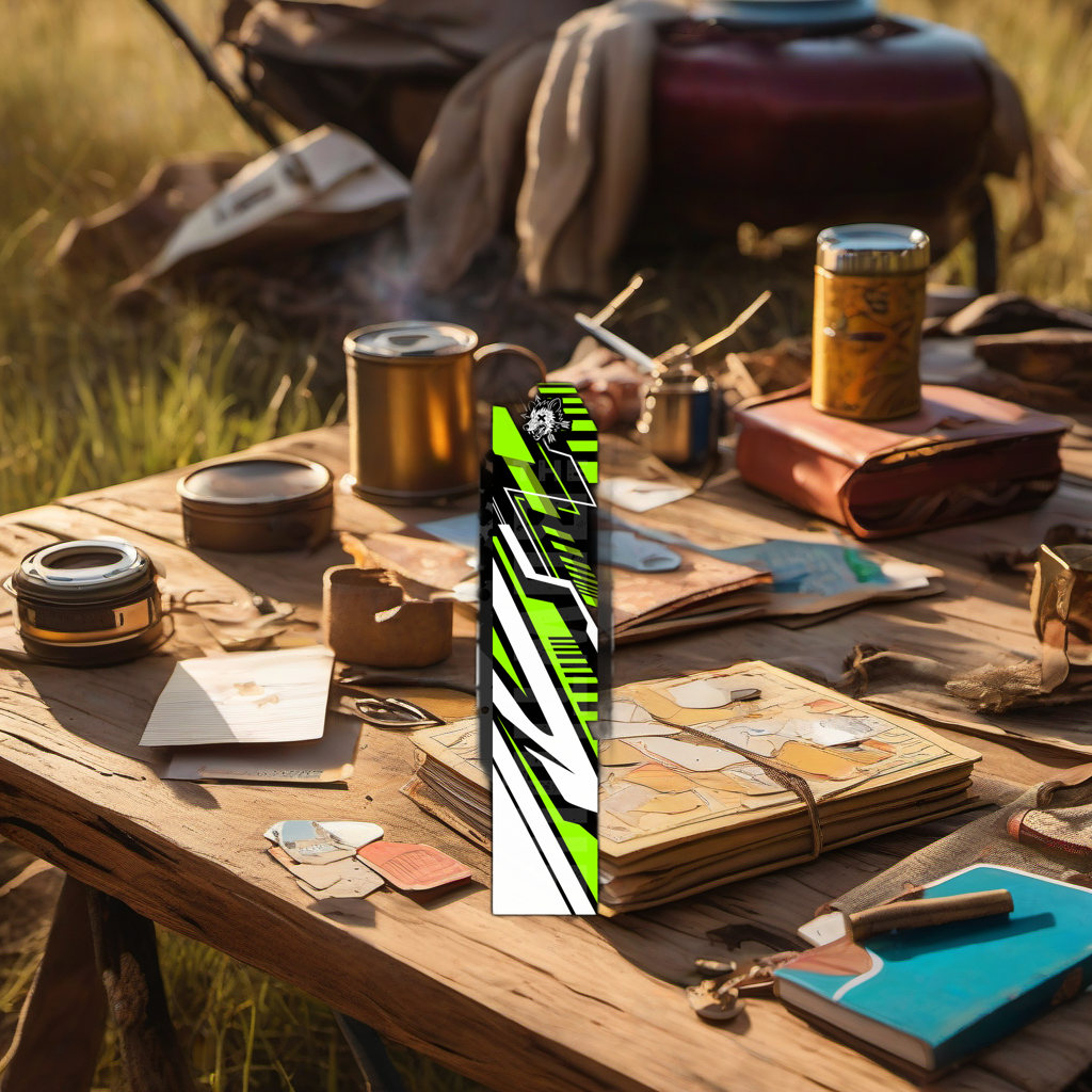 Comic Pop Arrow Wrap gift on rustic table at golden hour camp setting. | titlex-scene-fathers-day