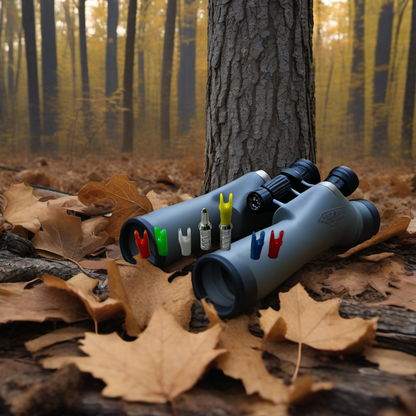 Pin bushings on a rustic treestand overlooking a misty Midwest dawn forest. | titlex-scene-whitetail-treestand