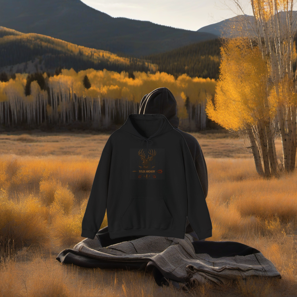 Black whitetail deer archery swag on weathered wood with golden aspens and mountains at sunset. | titlex-scene-western-elk