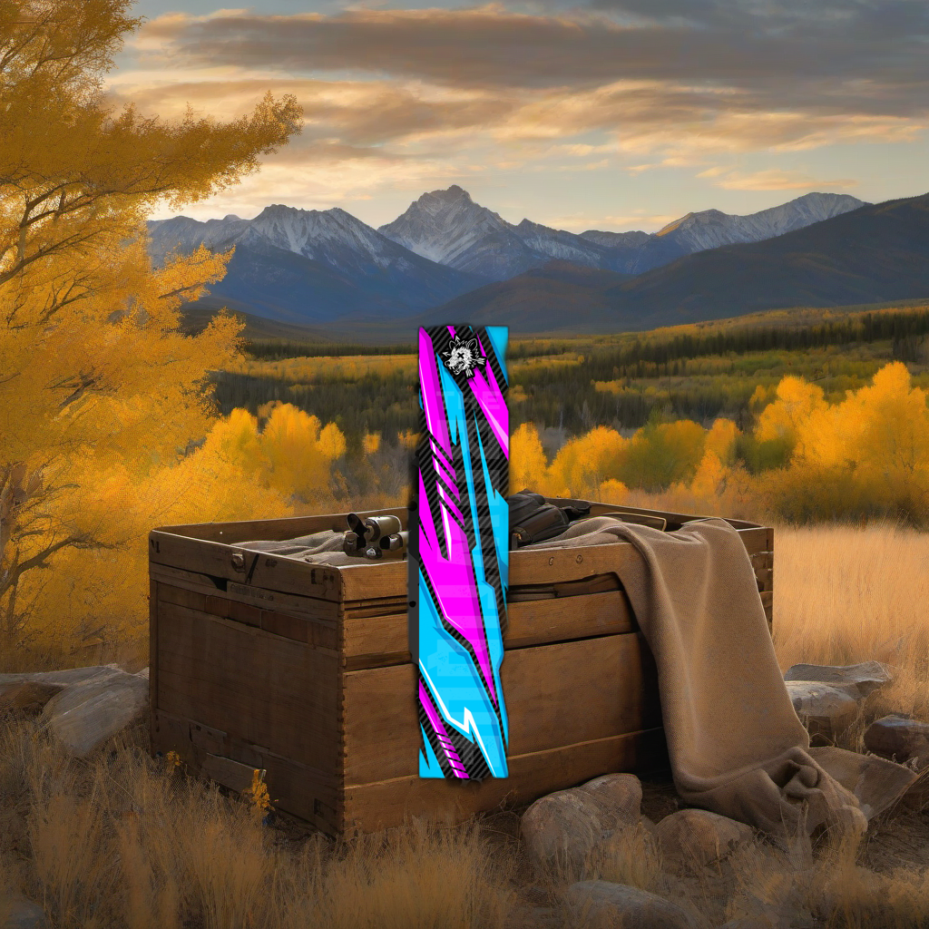 Comic Pop Arrow Wrap on weathered wood in a golden aspen, mountain sunset elk hunting scene. | titlex-scene-western-elk