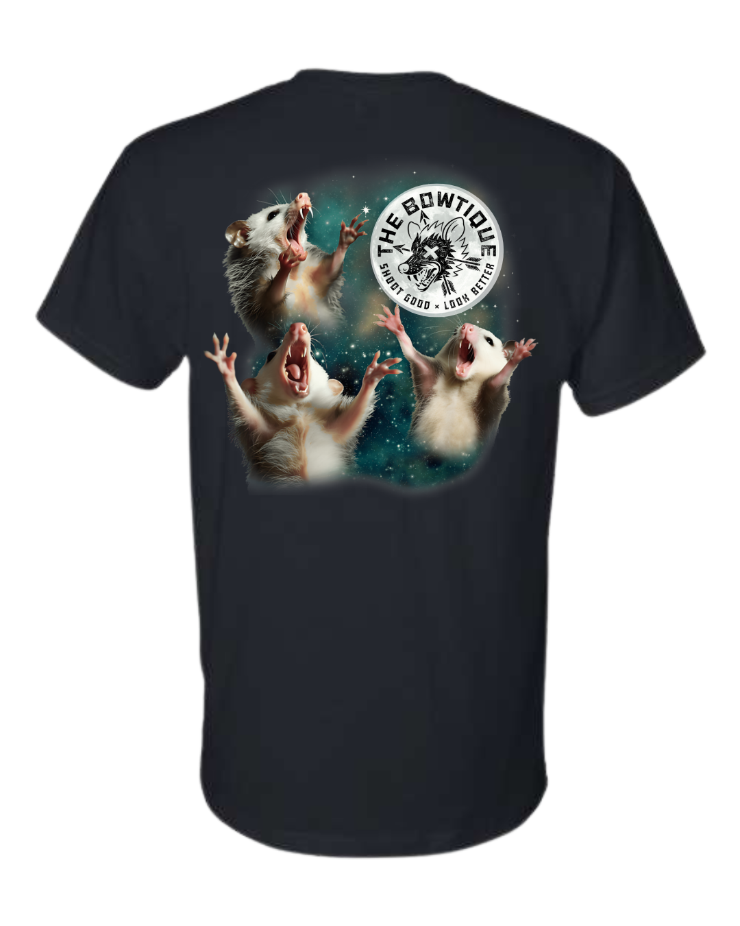Dark gray t-shirt featuring a graphic of opossums and "The Bowtique" logo. | titlex-cutout