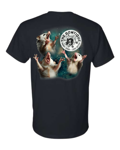 Dark gray t-shirt featuring a graphic of opossums and "The Bowtique" logo. | titlex-cutout