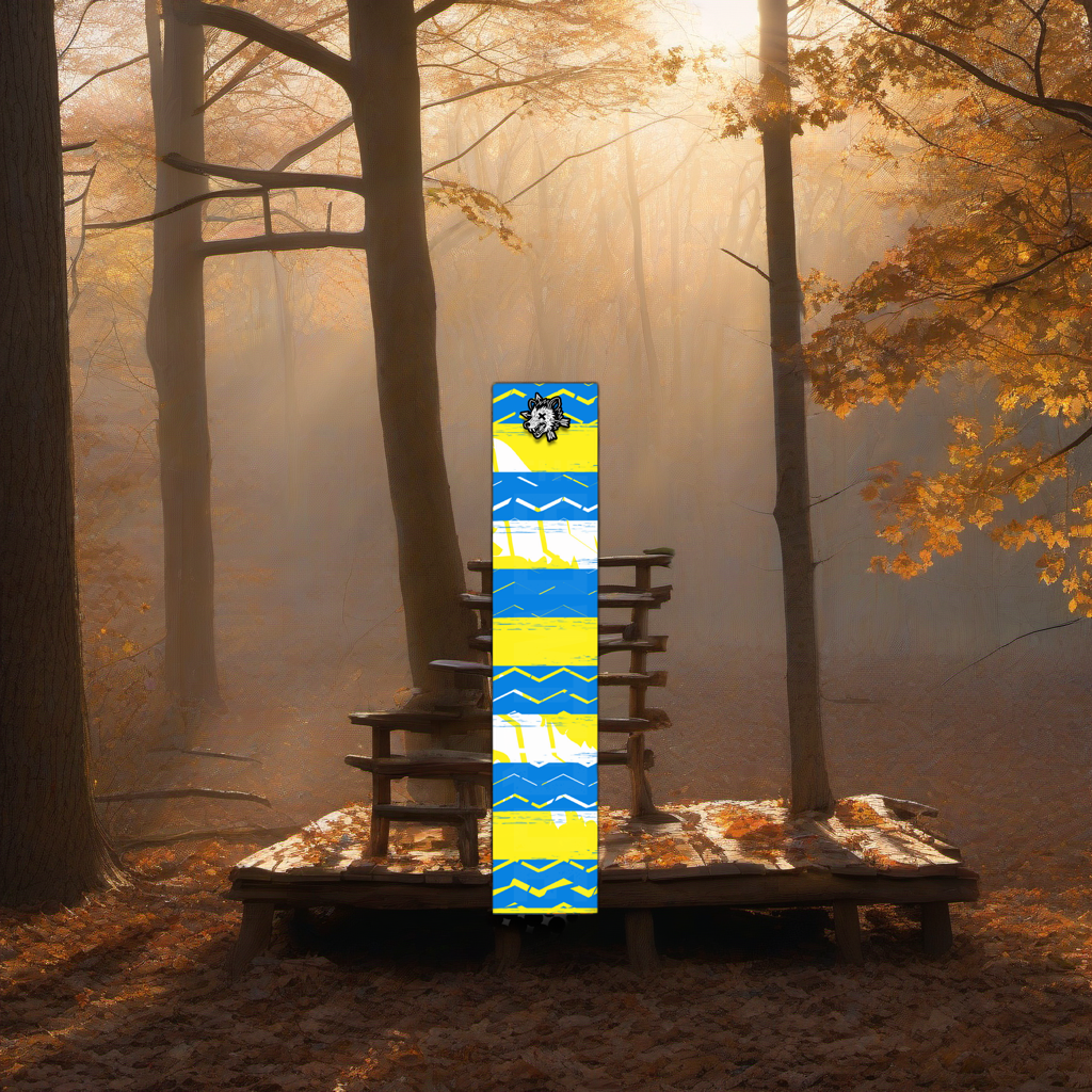 Comic Pop Arrow Wrap on a wooden treestand overlooking a misty Midwest dawn forest. | titlex-scene-whitetail-treestand