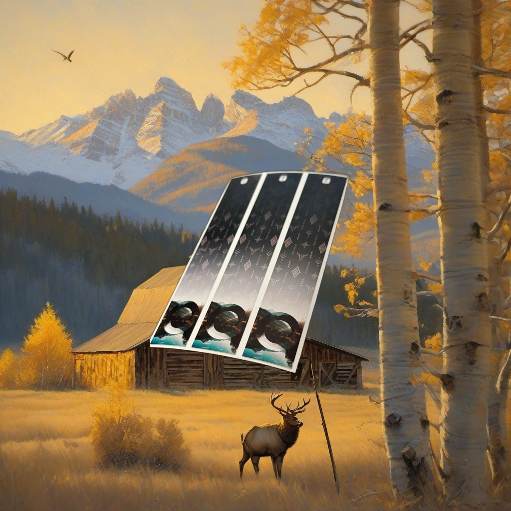Arrow wraps on weathered wood, set against golden aspens and distant mountains at sunset. | titlex-scene-western-elk