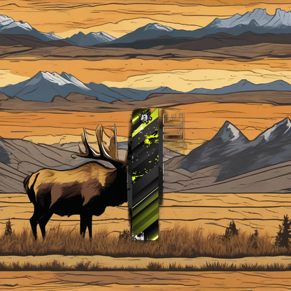 Comic Pop Arrow Wrap on weathered wood in a golden aspen-lit, high-country elk hunting scene. | titlex-scene-western-elk