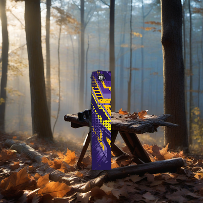 Comic Pop Arrow Wrap on a wooden treestand overlooking a misty Midwest forest at dawn. | titlex-scene-whitetail-treestand