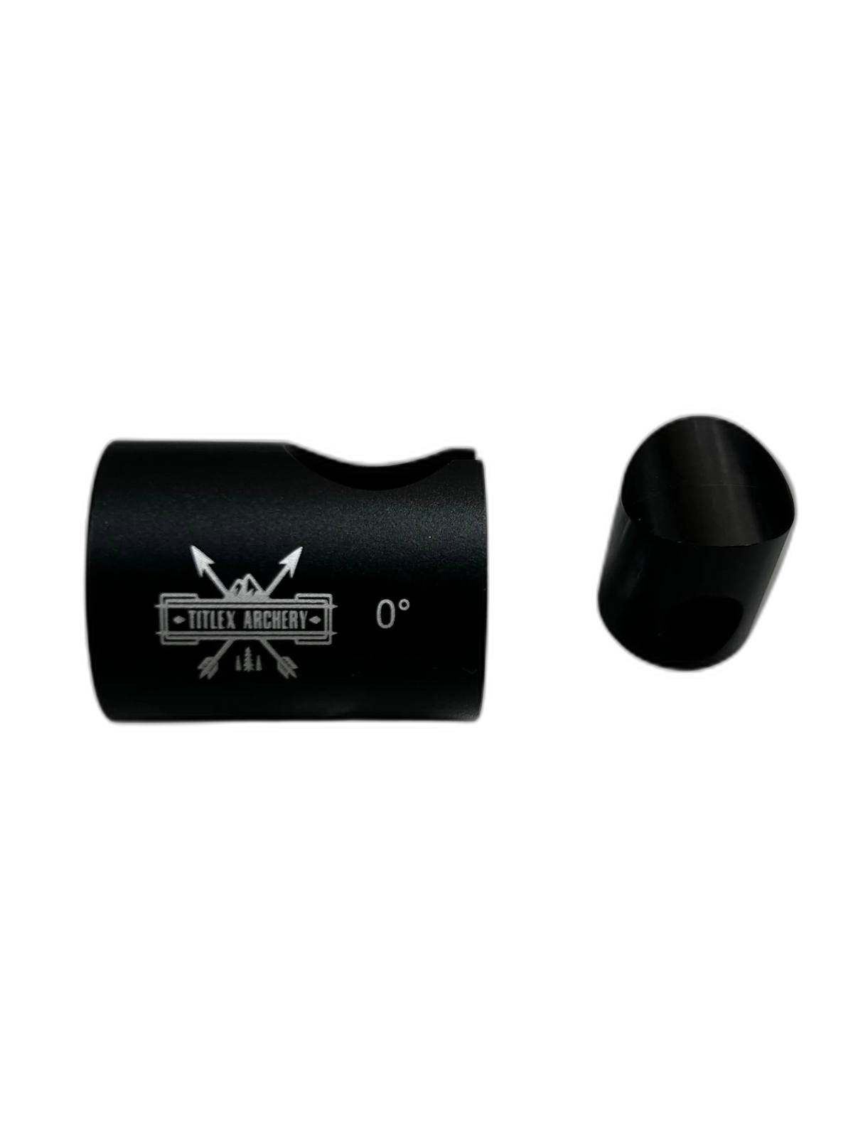 Black front stabilizer quick disconnect for archery, featuring "TITLEX ARCHERY" branding and "0°". | titlex-cutout