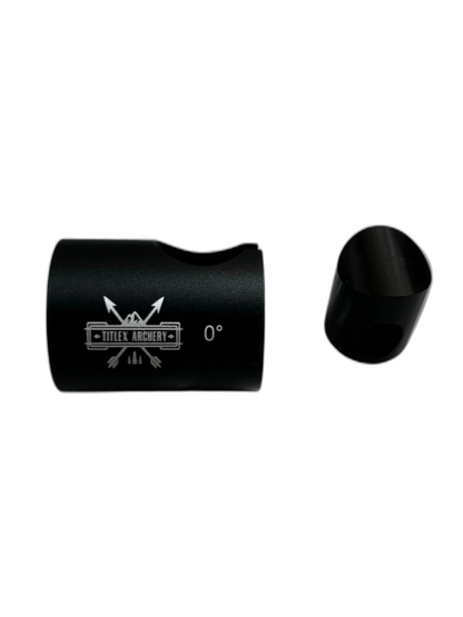 Black front stabilizer quick disconnect for archery, featuring "TITLEX ARCHERY" branding and "0°". | titlex-cutout