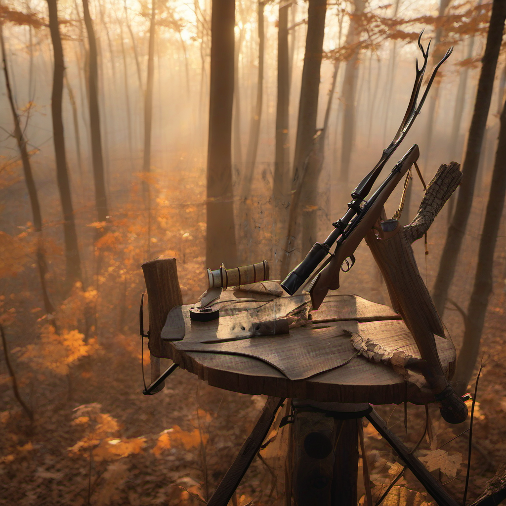 Arrow wraps on a wooden treestand overlooking a misty Midwest hardwood forest at dawn. | titlex-scene-whitetail-treestand