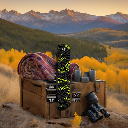 Comic Pop Arrow Wrap on weathered wood in a golden aspen-lined high-country sunset scene. | titlex-scene-western-elk