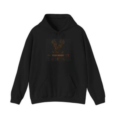 Black hoodie featuring a graphic of a deer head and "TITLEX ARCHERY" in brown and red tones. | titlex-cutout