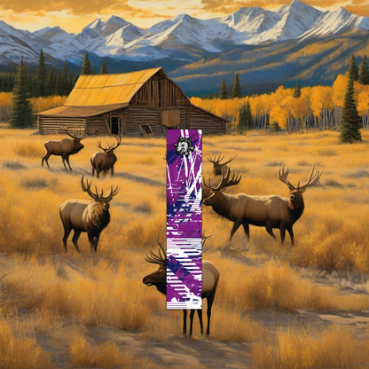 Comic Pop Arrow Wrap on weathered wood in a golden aspen-lit elk hunting scene. | titlex-scene-western-elk