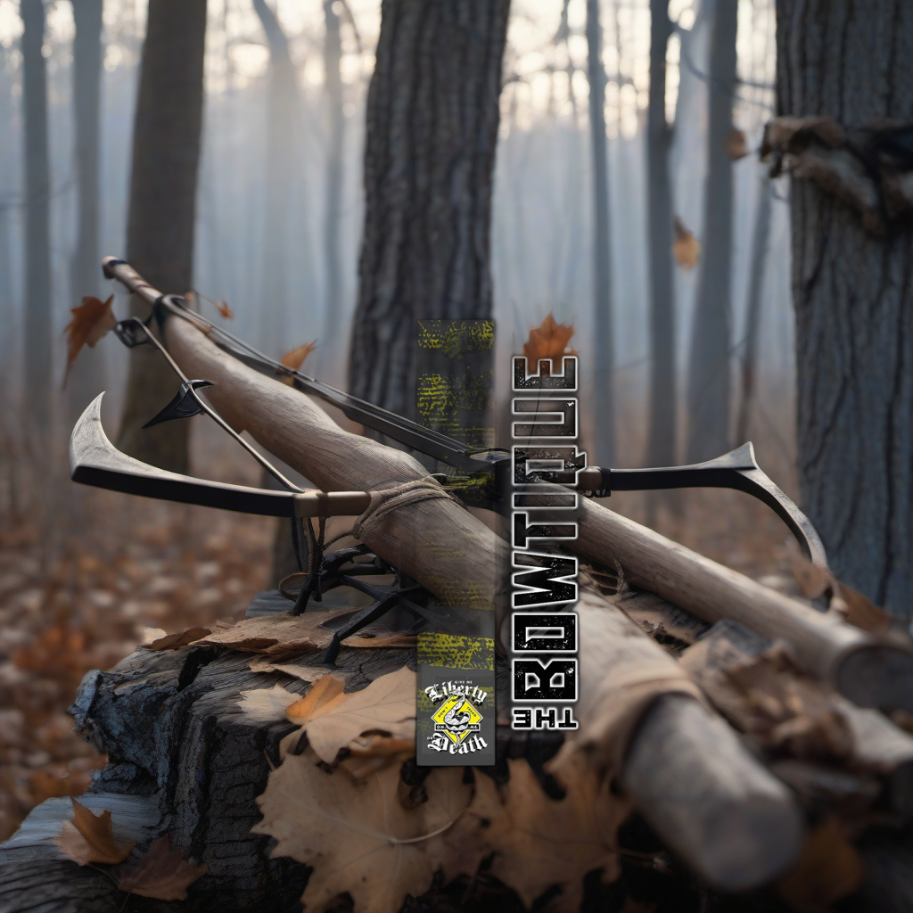 Death Arrow Wraps on a weathered treestand overlooking a misty, dawn-lit hardwood timber ridge. | titlex-scene-whitetail-treestand