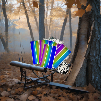 Reflective oil spill arrow wraps on a worn treestand overlooking a misty Midwest dawn forest. | titlex-scene-whitetail-treestand