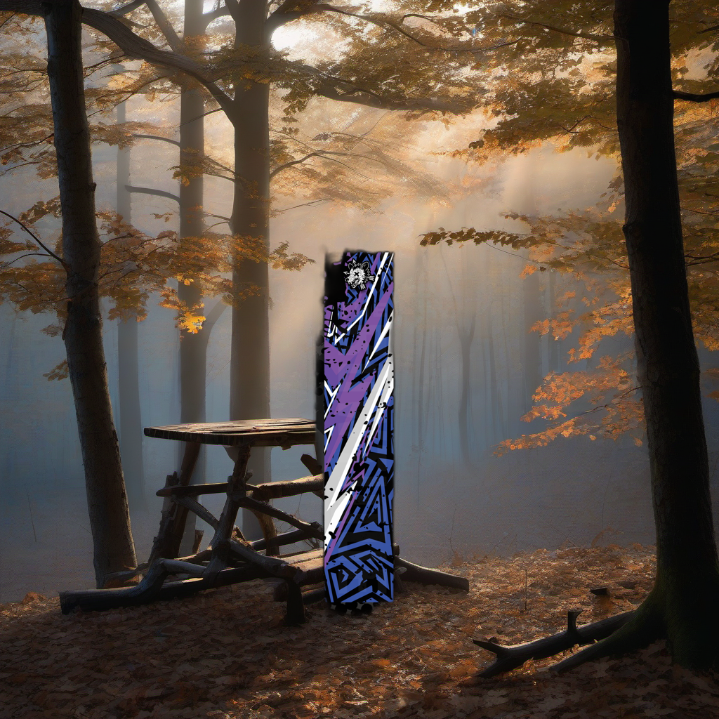 Comic Pop Arrow Wrap on a rustic treestand overlooking a misty Midwest dawn forest. | titlex-scene-whitetail-treestand