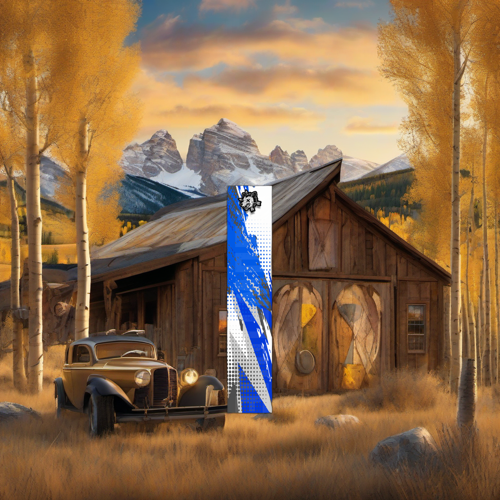 Comic Pop Arrow Wrap on weathered wood in a golden aspen mountain sunset, evoking a rustic elk hunting feel. | titlex-scene-western-elk