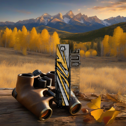 Comic Pop Arrow Wrap on weathered wood in a golden aspen sunset, evoking a high-country elk hunt feel. | titlex-scene-western-elk