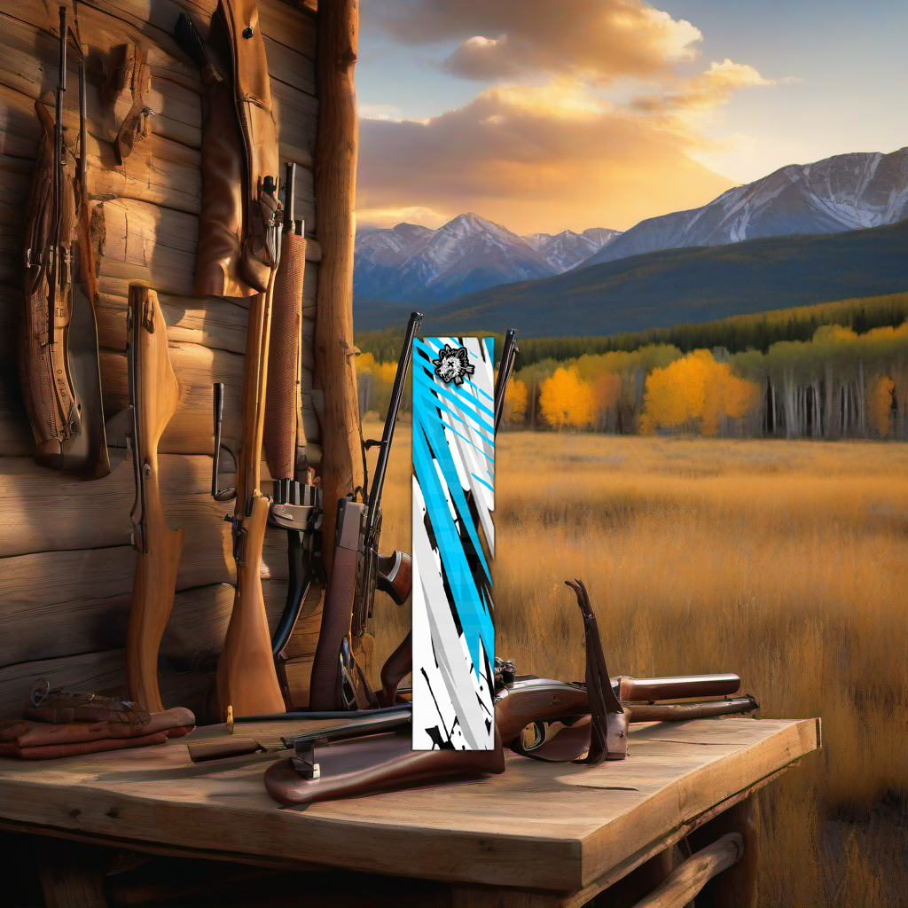 Comic Pop Arrow Wrap on weathered wood, set against golden aspens and distant mountains at sunset. | titlex-scene-western-elk