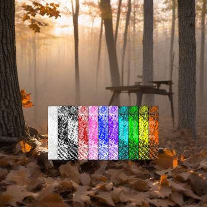 Fracture Arrow Wraps on a wooden treestand overlooking a misty Midwest dawn forest. | titlex-scene-whitetail-treestand