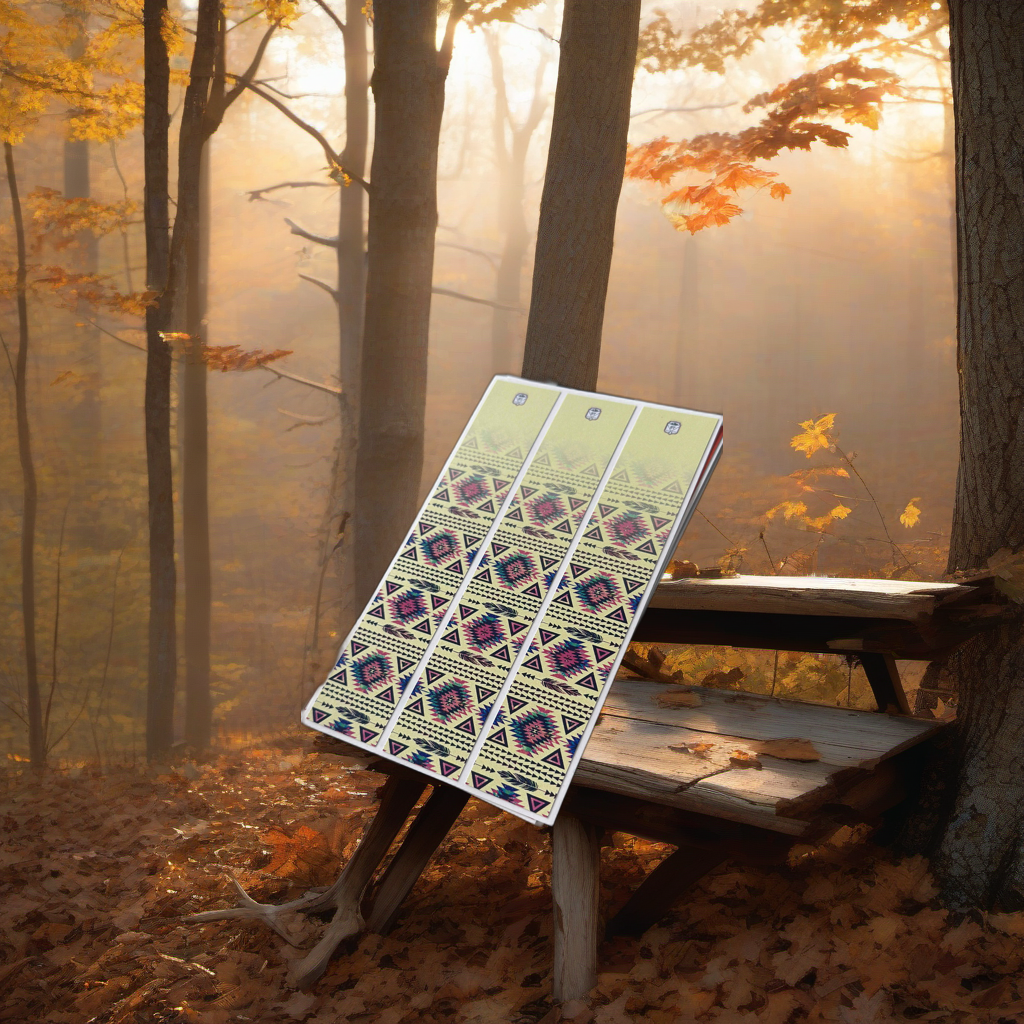 Wraps on a wooden treestand overlooking a misty Midwest hardwood forest at dawn. | titlex-scene-whitetail-treestand